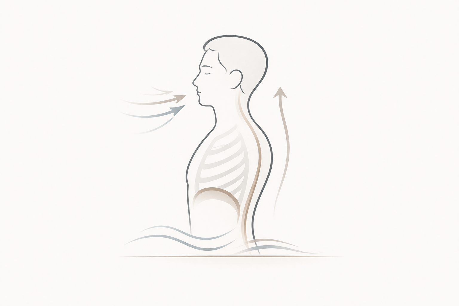 横向きの上半身と呼吸の流れを示す図