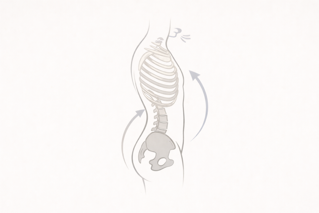 横向きの体幹に肋骨と骨盤の位置関係を示した図