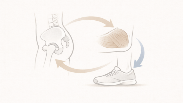 骨盤・お尻・足元のつながりを示すヒップトレーニングのイメージ図