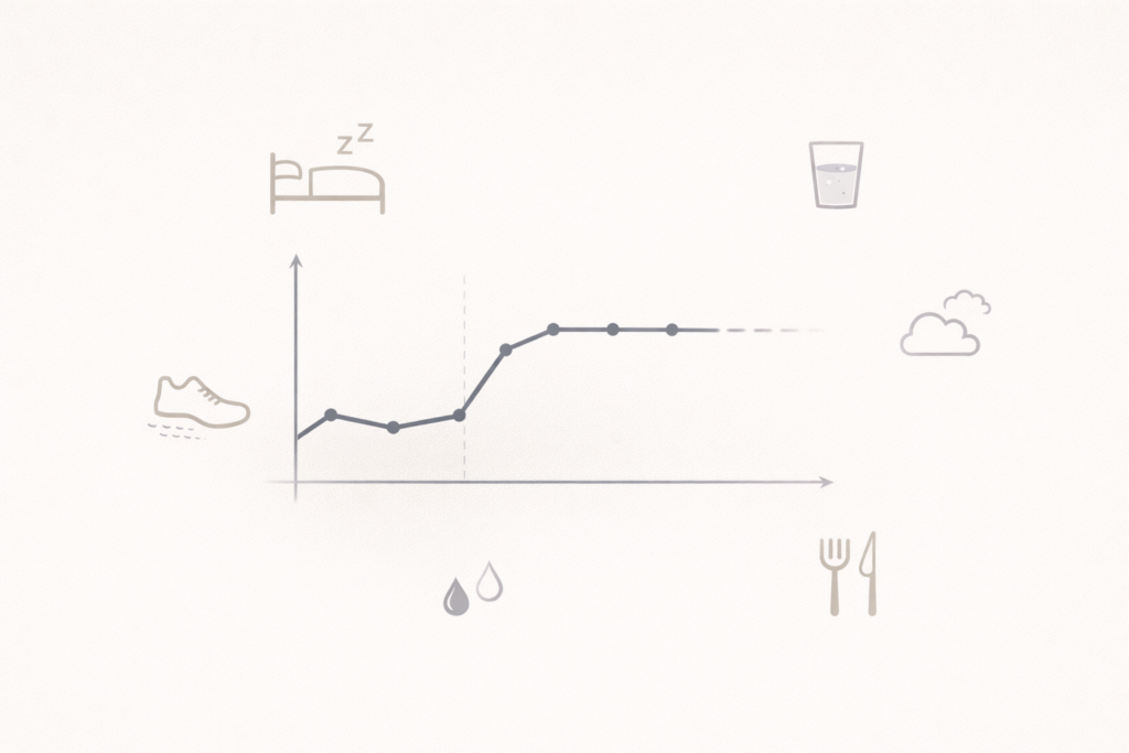 折れ線グラフと睡眠・食事・活動のアイコンを配置した図