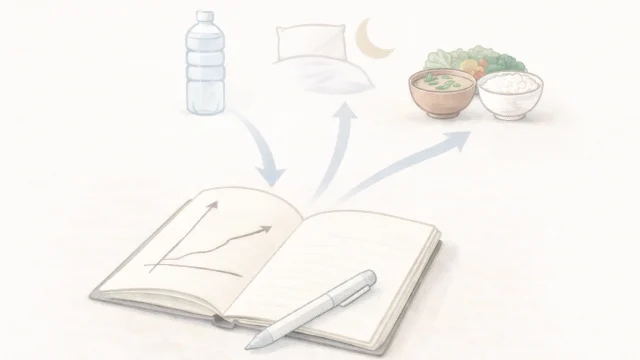 水分・睡眠・食事と翌日の整え方をノートで示したイメージ図