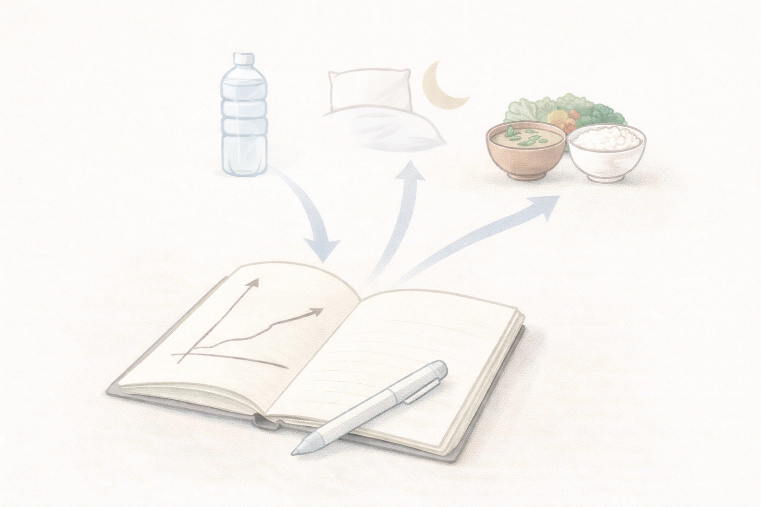 水分・睡眠・食事と翌日の整え方をノートで示したイメージ図