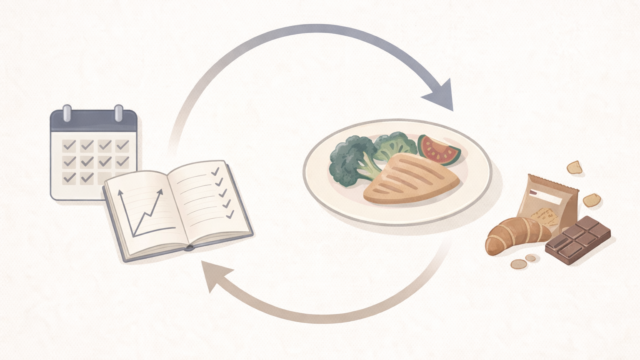 カレンダーと記録ノート、食事と間食の流れを矢印で示した食事管理の循環イメージ図