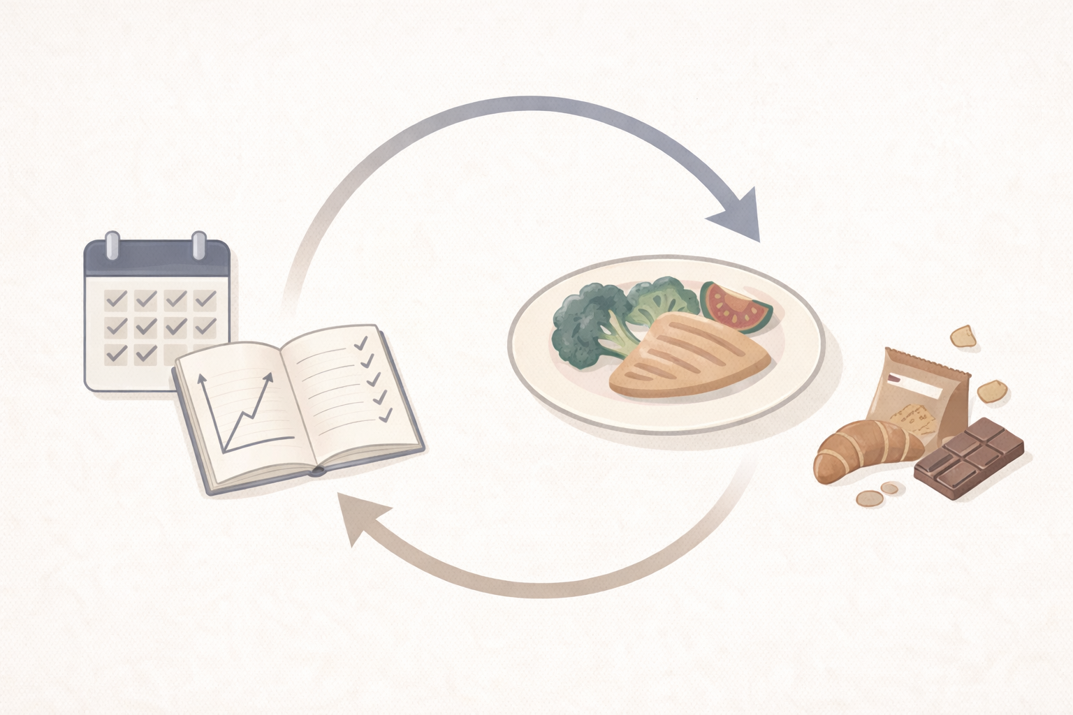 カレンダーと記録ノート、食事と間食の流れを矢印で示した食事管理の循環イメージ図