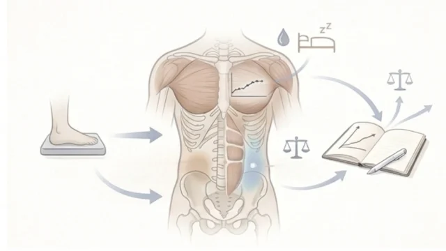 体重計、体幹の状態、睡眠・水分・記録を矢印でつないだ複数指標のイメージ図