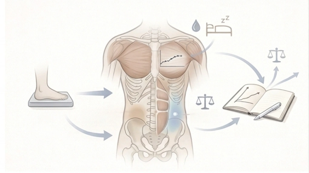 体重計、体幹の状態、睡眠・水分・記録を矢印でつないだ複数指標のイメージ図