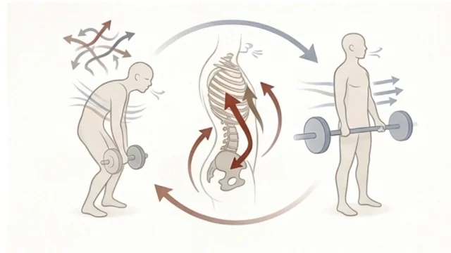 前傾して崩れたダンベル動作から体幹と呼吸を整え、立ち姿勢へつなげるフォーム改善イメージ図
