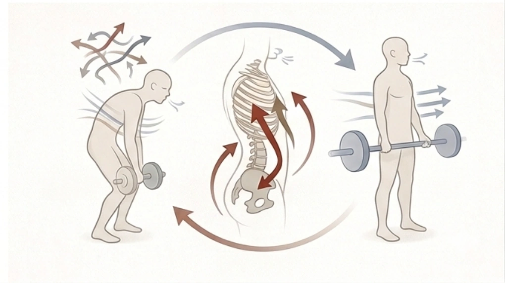 前傾して崩れたダンベル動作から体幹と呼吸を整え、立ち姿勢へつなげるフォーム改善イメージ図