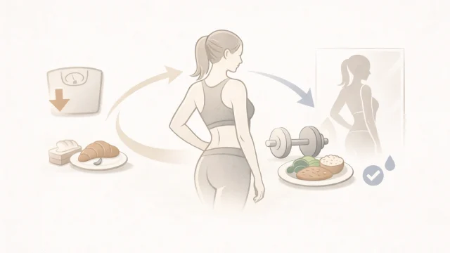 下腹まわりを中心に、睡眠・食事・運動・記録・水分・呼吸など全体の要素を循環で示したミニマルなイメージ図