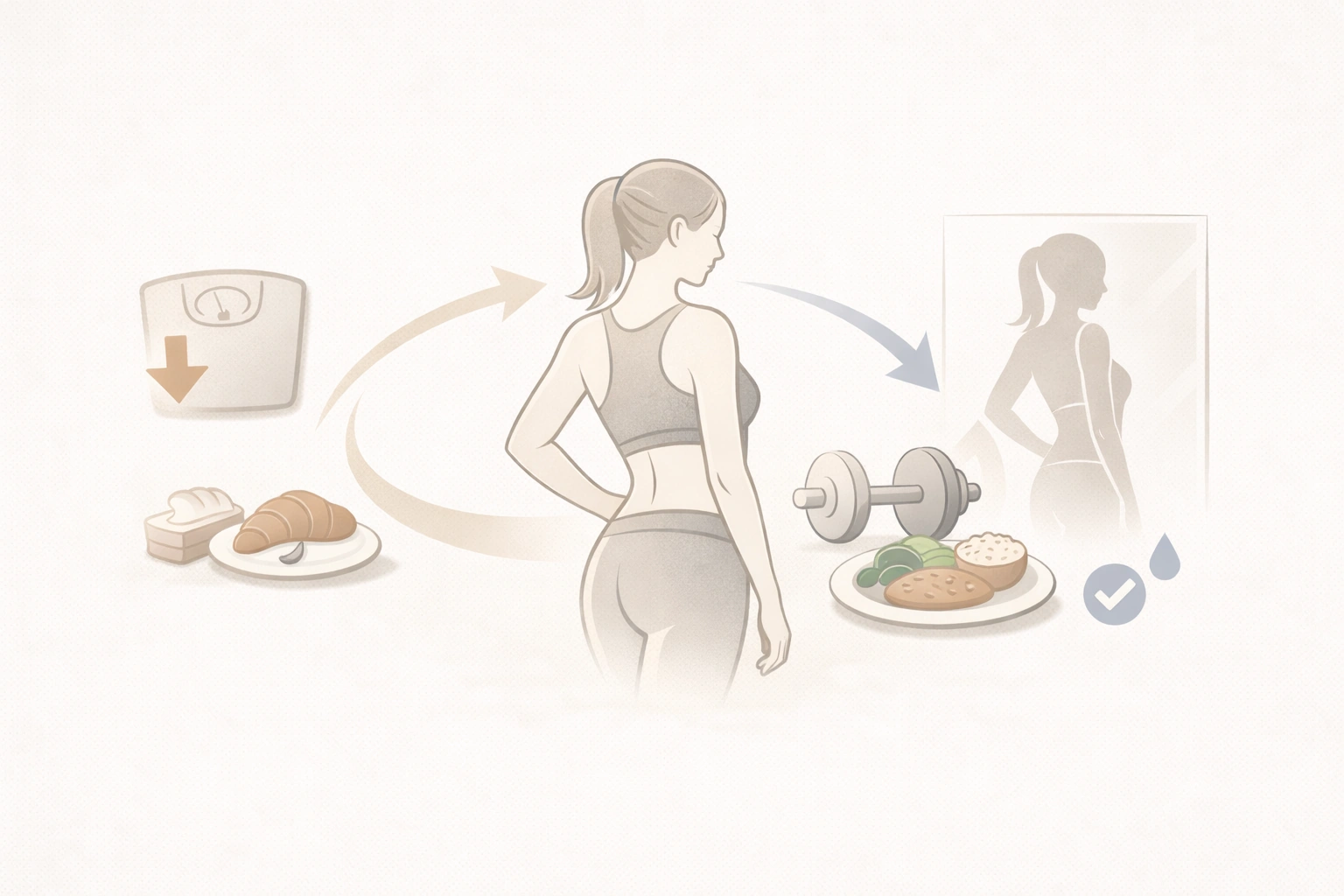 下腹まわりを中心に、睡眠・食事・運動・記録・水分・呼吸など全体の要素を循環で示したミニマルなイメージ図