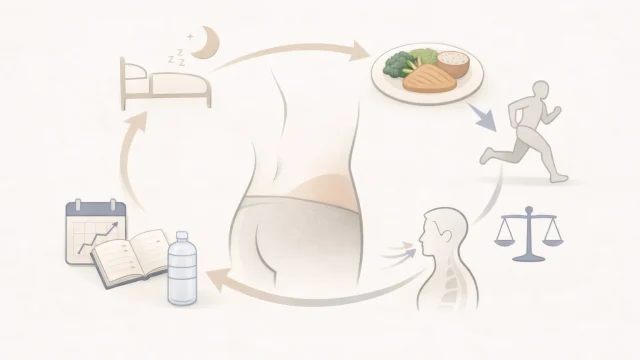 下腹まわりを中心に、睡眠・食事・運動・記録・水分・呼吸など全体の要素を循環で示したミニマルなイメージ図