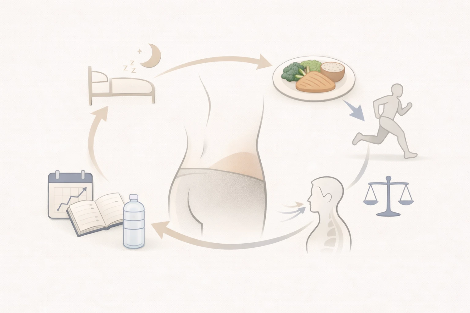 下腹まわりを中心に、睡眠・食事・運動・記録・水分・呼吸など全体の要素を循環で示したミニマルなイメージ図