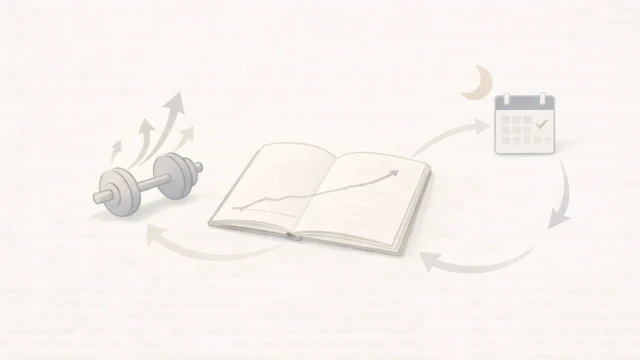 追い込みすぎを示すダンベルと、安定した積み上がりを示す記録ノート、回復を示す月とカレンダーを静かにつないだミニマルなイメージ図