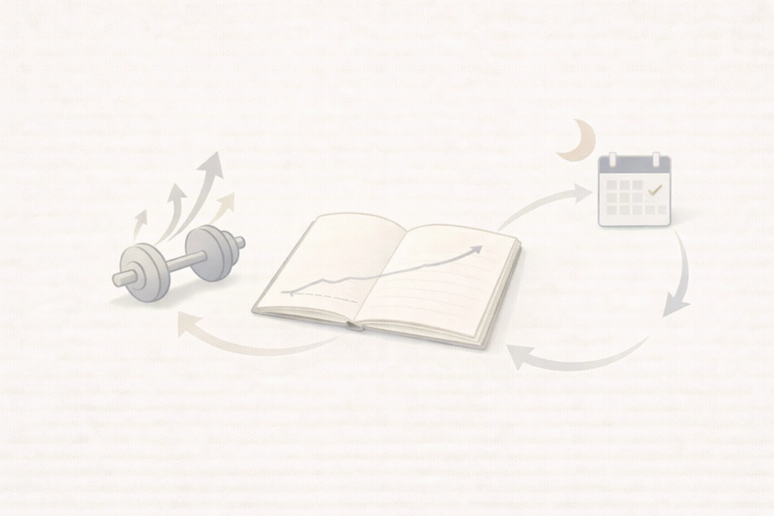 追い込みすぎを示すダンベルと、安定した積み上がりを示す記録ノート、回復を示す月とカレンダーを静かにつないだミニマルなイメージ図