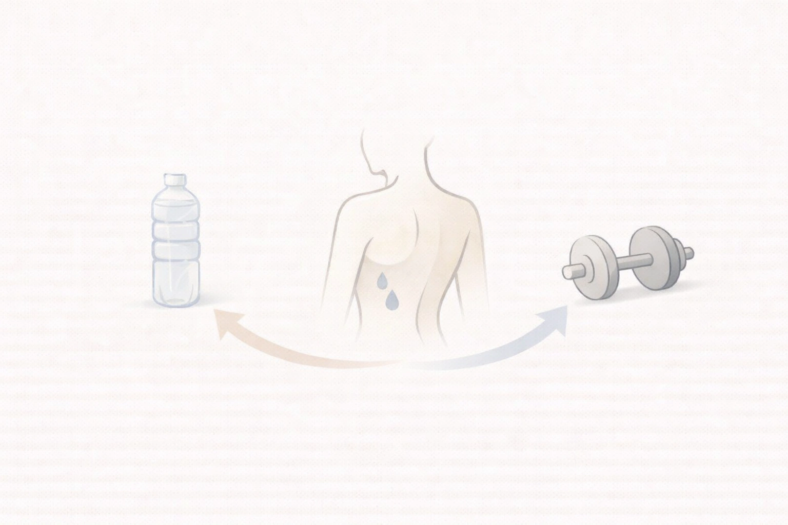 水ボトル、身体シルエット、ダンベルをやわらかな矢印でつなぎ、水分状態が見た目とパフォーマンスに影響することを示したミニマルなイメージ図