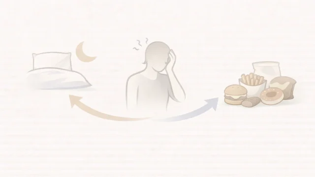 ベッドと月、疲れた人物シルエット、食事モチーフをやわらかな矢印でつなぎ、睡眠不足が食欲や判断に影響しやすいことを示したミニマルなイメージ図