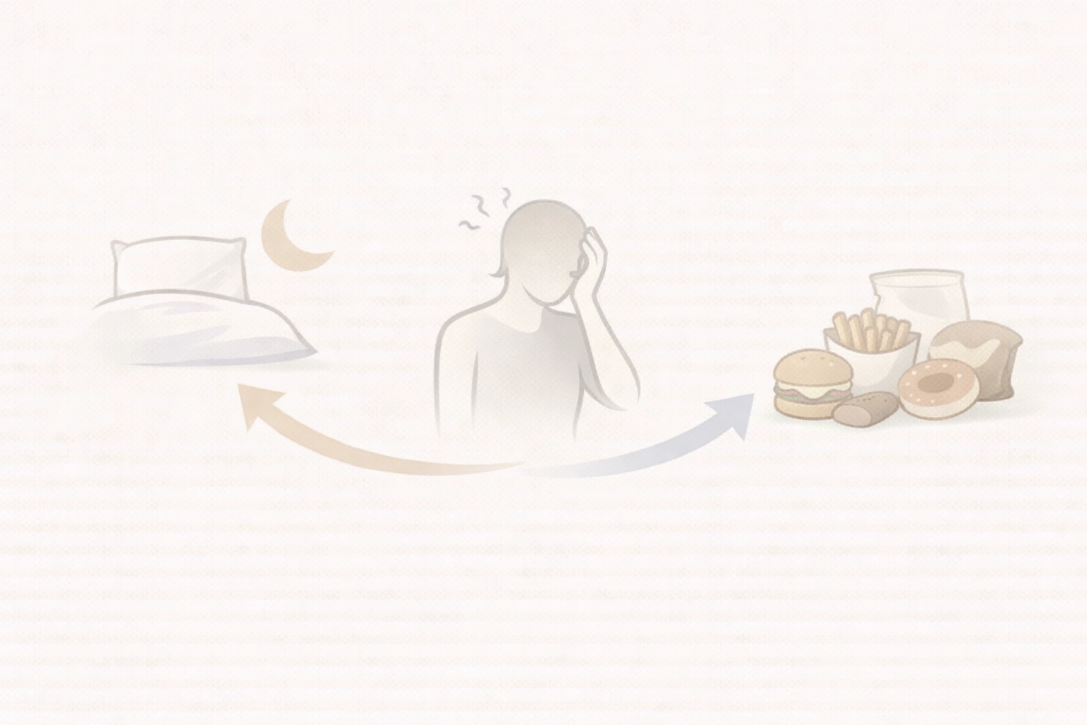 ベッドと月、疲れた人物シルエット、食事モチーフをやわらかな矢印でつなぎ、睡眠不足が食欲や判断に影響しやすいことを示したミニマルなイメージ図