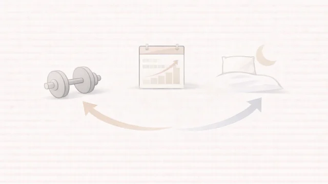 ダンベル、カレンダー、ベッドと月をやわらかな循環矢印でつなぎ、回復も積み上がりの一部であることを示したミニマルなイメージ図
