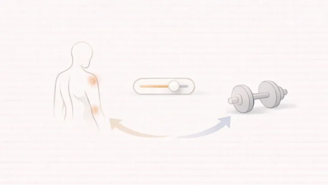 身体シルエット、調整スライダー、ダンベルをやわらかな矢印でつなぎ、違和感がある日に調整しながら継続する考え方を示したミニマルなイメージ図