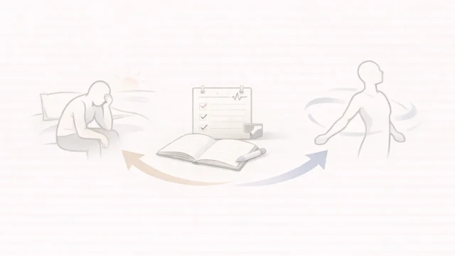 朝の疲労感がある人物、回復ノート、整って動ける人物をやわらかな矢印でつなぎ、気合いより回復を見る考え方を示したミニマルなイメージ図