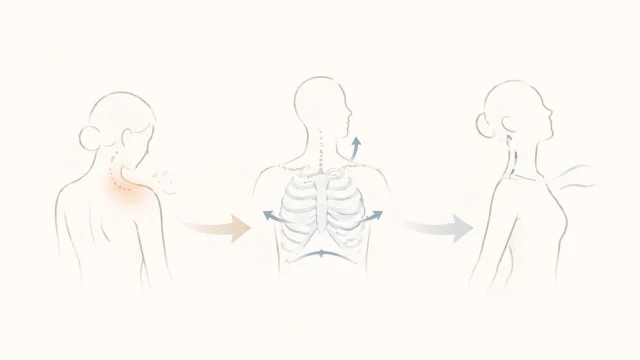 首肩まわりの違和感、胸郭と呼吸のライン、整った上半身ラインをやわらかな矢印でつなぎ、肩だけでなく全体を見る考え方を示したミニマルなイメージ図