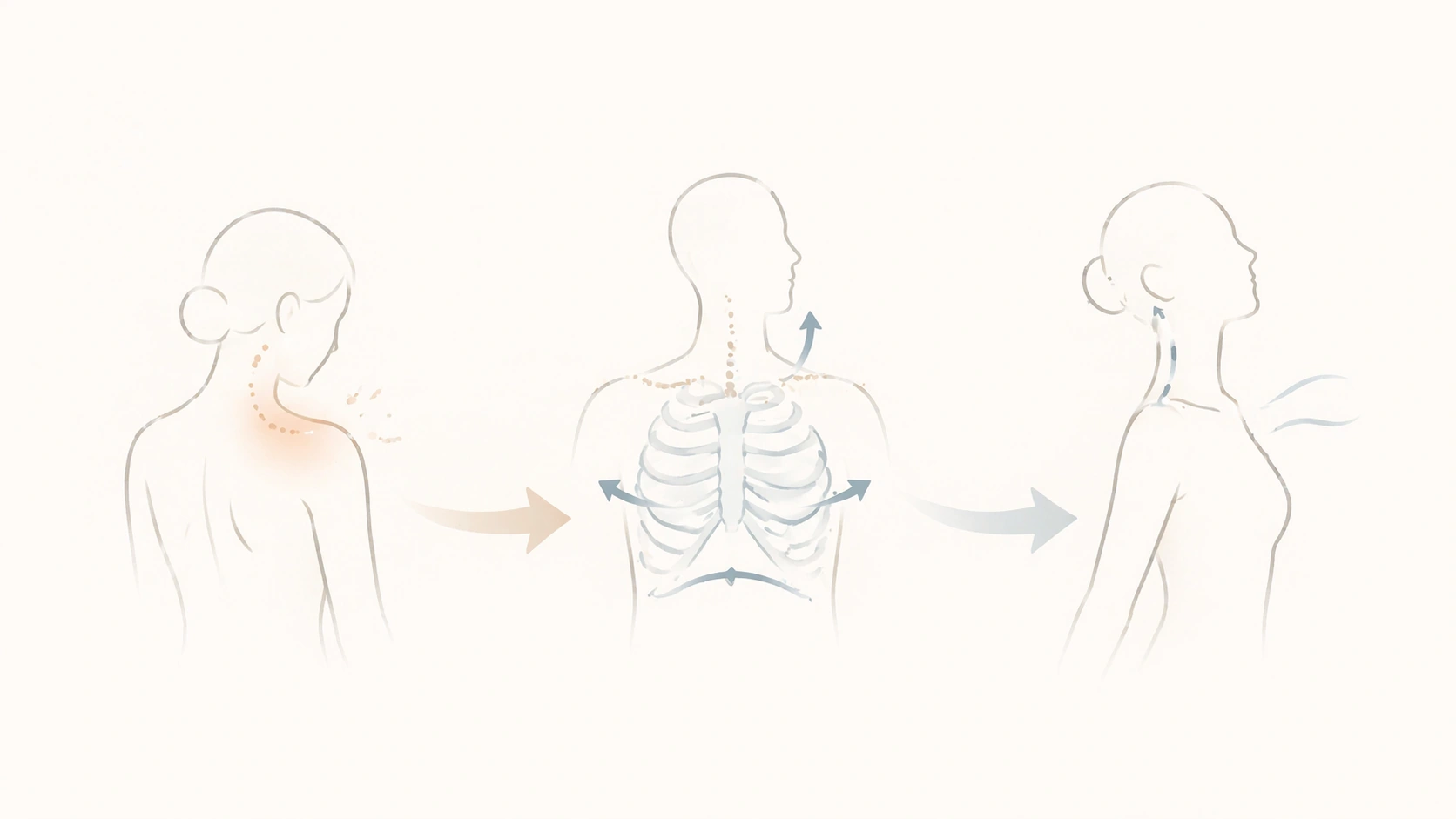 首肩まわりの違和感、胸郭と呼吸のライン、整った上半身ラインをやわらかな矢印でつなぎ、肩だけでなく全体を見る考え方を示したミニマルなイメージ図