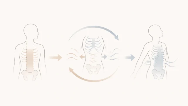 固定感のある体幹ライン、使い分けを示す体幹モチーフ、動きやすい上半身ラインをやわらかな矢印でつなぎ、安定としなやかさの両立を示したミニマルなイメージ図
