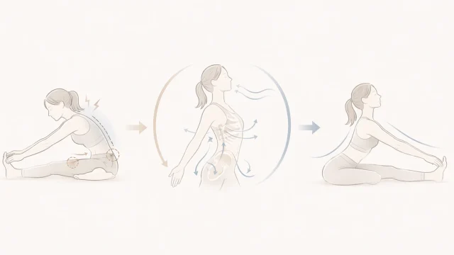 硬さを感じる前屈姿勢、呼吸と整え方を示す中央の上半身ライン、自然に動けるストレッチ姿勢をやわらかな矢印でつなぎ、強く伸ばしすぎず整えて動く考え方を示したミニマルなイメージ図