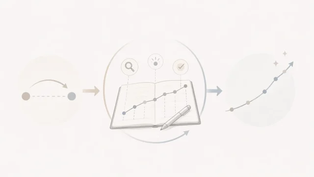 両端だけを見た比較イメージ、中央の記録ノートと中間点のある折れ線、右の安定して伸びていくラインをやわらかな矢印でつなぎ、途中経過を見ることの大切さを示したミニマルなイメージ図