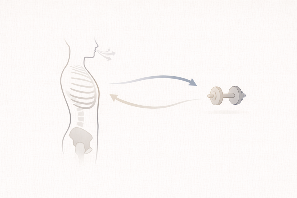 体幹からダンベルへ矢印が伸びる身体づくりのイメージ図