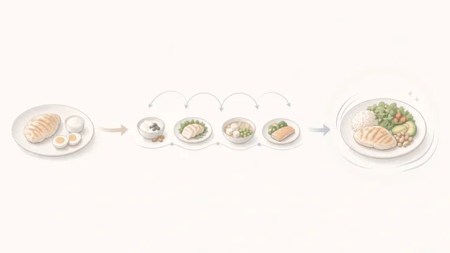 左の偏ったたんぱく質の皿、中央の時間に沿って並ぶ複数の食事モチーフ、右の満足感につながる整った食事プレートをやわらかな矢印でつなぎ、減量中のたんぱく質は量より配分と満足感が大切であることを示したミニマルなイメージ図