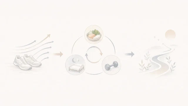 左の増えすぎた有酸素を示すランニングシューズと流れ、中央の食事・回復・筋トレの循環バランス、右の守りながら安定して進む道筋をやわらかな矢印でつないだミニマルなイメージ図