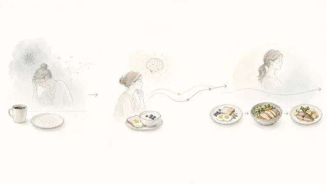 左の空の朝食皿と疲れた人物、中央の朝食と集中力の見直し、右の整った一日の食事の流れをやわらかな矢印でつないだミニマルなイメージ図