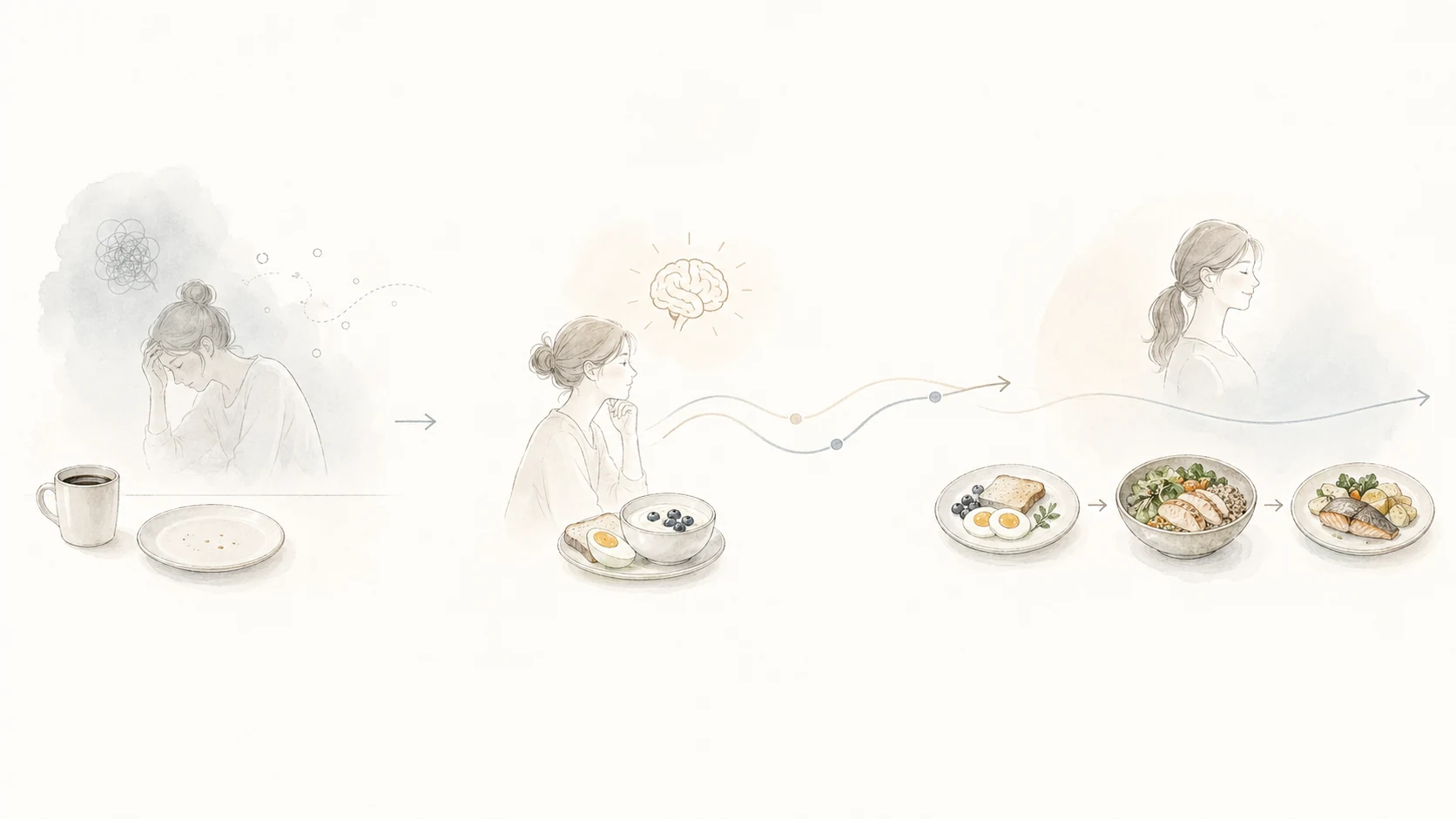 左の空の朝食皿と疲れた人物、中央の朝食と集中力の見直し、右の整った一日の食事の流れをやわらかな矢印でつないだミニマルなイメージ図