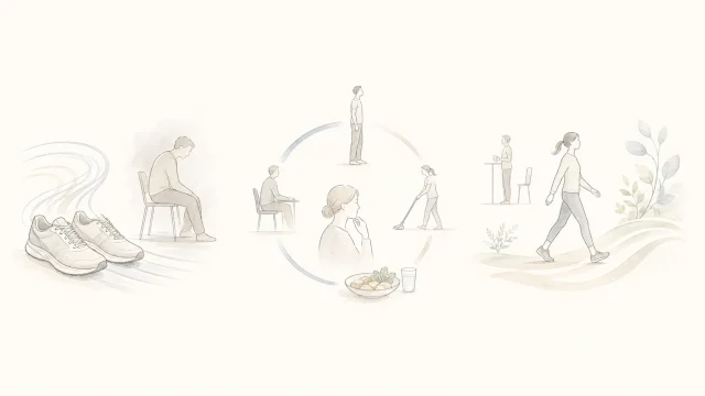 左の歩数だけ増えた靴と座位姿勢、中央の日常活動全体を見る循環、右のこまめに動ける一日をやわらかく示したミニマルなイメージ図