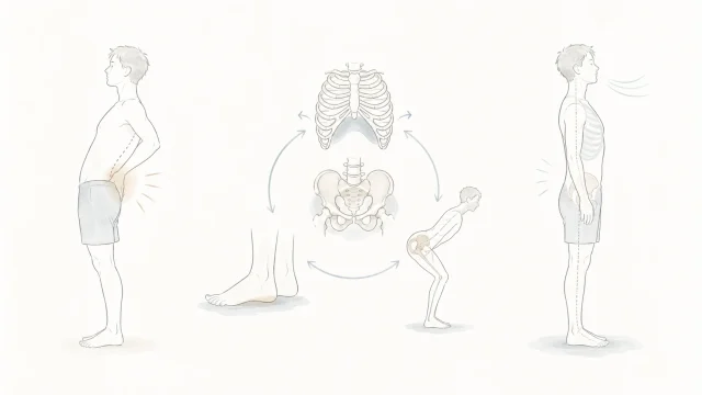 左の腰が反りやすい立ち姿、中央の肋骨・骨盤・足元の支え、右の楽に立てる姿勢をやわらかな流れで示したミニマルなイメージ図