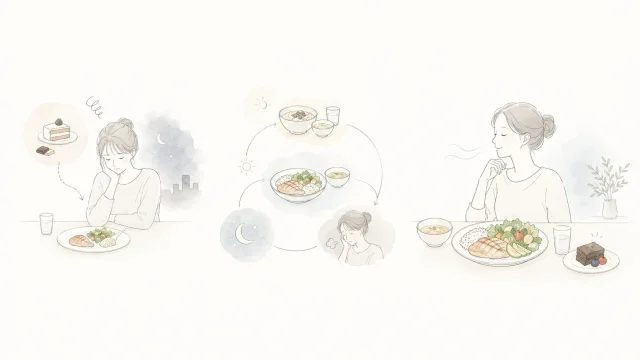 左の甘いものが欲しくなる食事の流れ、中央の朝昼の配分と睡眠・疲労、右の満足感ある食事をやわらかく示したミニマルなイメージ図