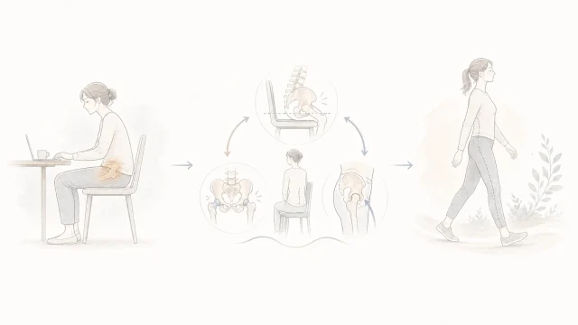 座位時間と股関節前の詰まり感、立ち上がりの動き出しをやわらかく示したミニマルなイメージ図