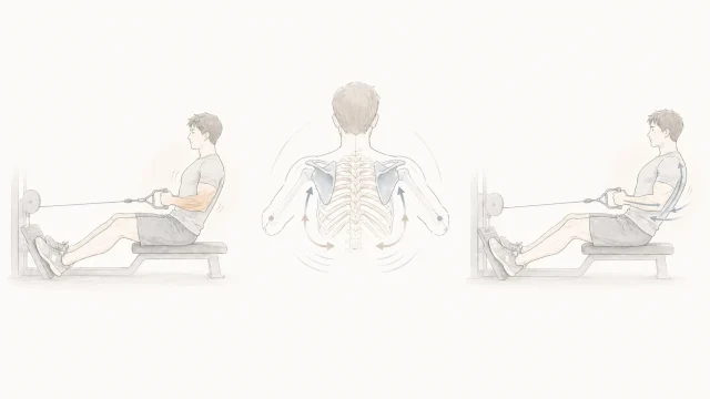 背中トレで腕が先に疲れる流れと、胸郭・肩甲帯・肘の通り道の違いをやわらかく示したミニマルなイメージ図