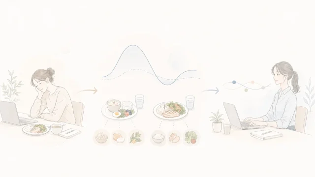 昼食後の眠気と血糖変動、朝昼の食事配分の関係をやわらかく整理したミニマルなイメージ図