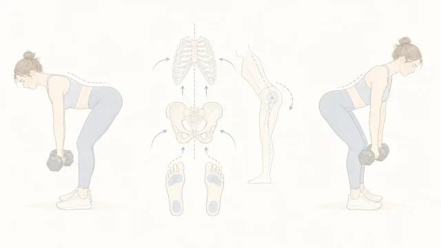 RDLで腰に入りやすい流れと、足裏・肋骨・股関節のつながりを整理したミニマルなイメージ図