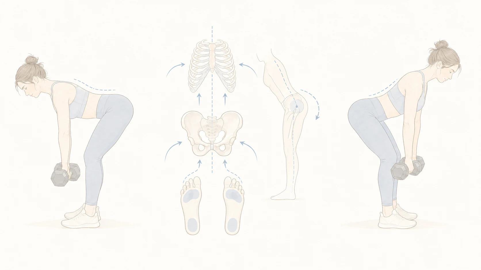 RDLで腰に入りやすい流れと、足裏・肋骨・股関節のつながりを整理したミニマルなイメージ図