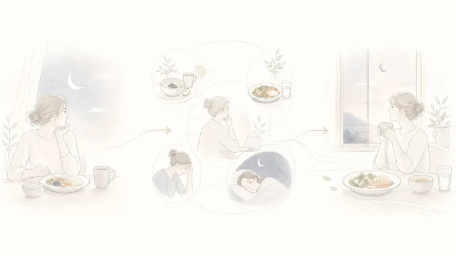 夜の食欲と朝昼の食事配分、睡眠の流れを整理したミニマルなイメージ図