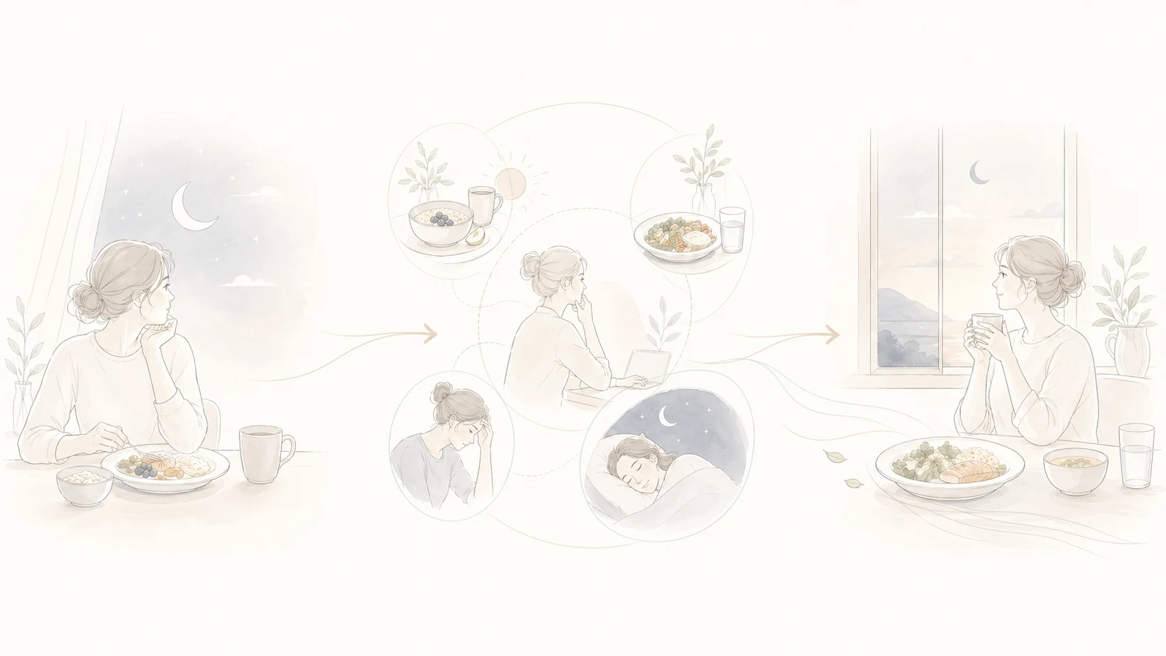 夜の食欲と朝昼の食事配分、睡眠の流れを整理したミニマルなイメージ図