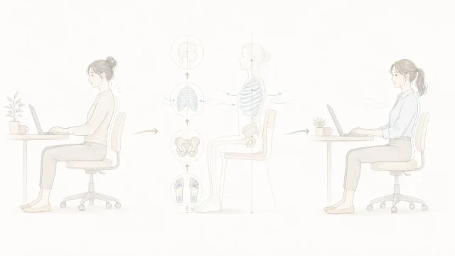 座り姿勢で腰がつらくなる流れと、足裏・骨盤・胸郭の重なりを整理したミニマルなイメージ図
