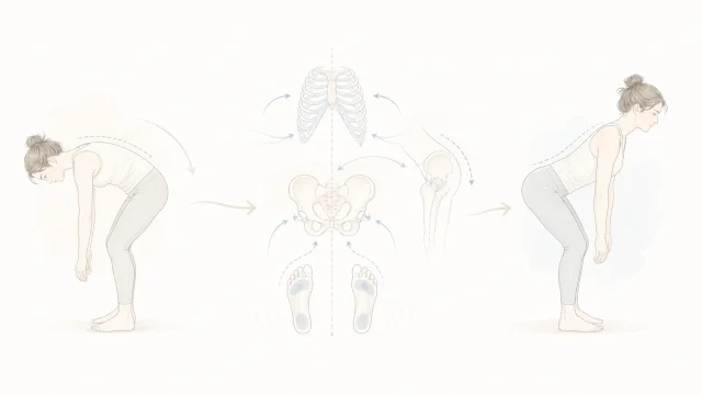 ヒップヒンジが前屈になりやすい流れと、股関節・足裏・体幹のつながりを整理したミニマルなイメージ図