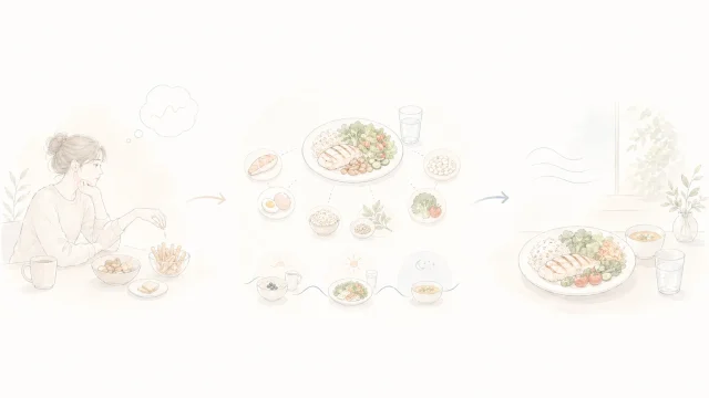 間食が増えやすい流れと、食事配分・たんぱく質・食物繊維の整いを整理したミニマルなイメージ図