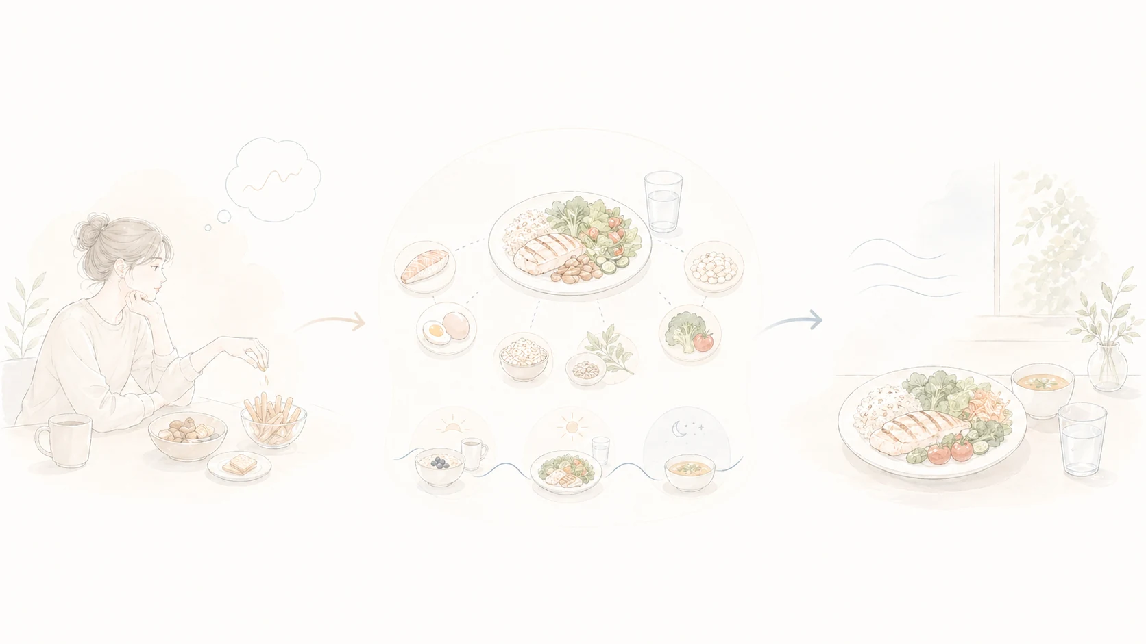 間食が増えやすい流れと、食事配分・たんぱく質・食物繊維の整いを整理したミニマルなイメージ図