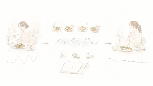 外食が続く週の体重変動と、水分・睡眠・週単位の戻し方を整理したミニマルなイメージ図
