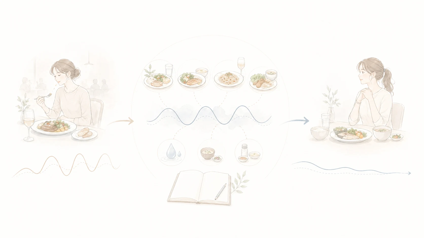 外食が続く週の体重変動と、水分・睡眠・週単位の戻し方を整理したミニマルなイメージ図